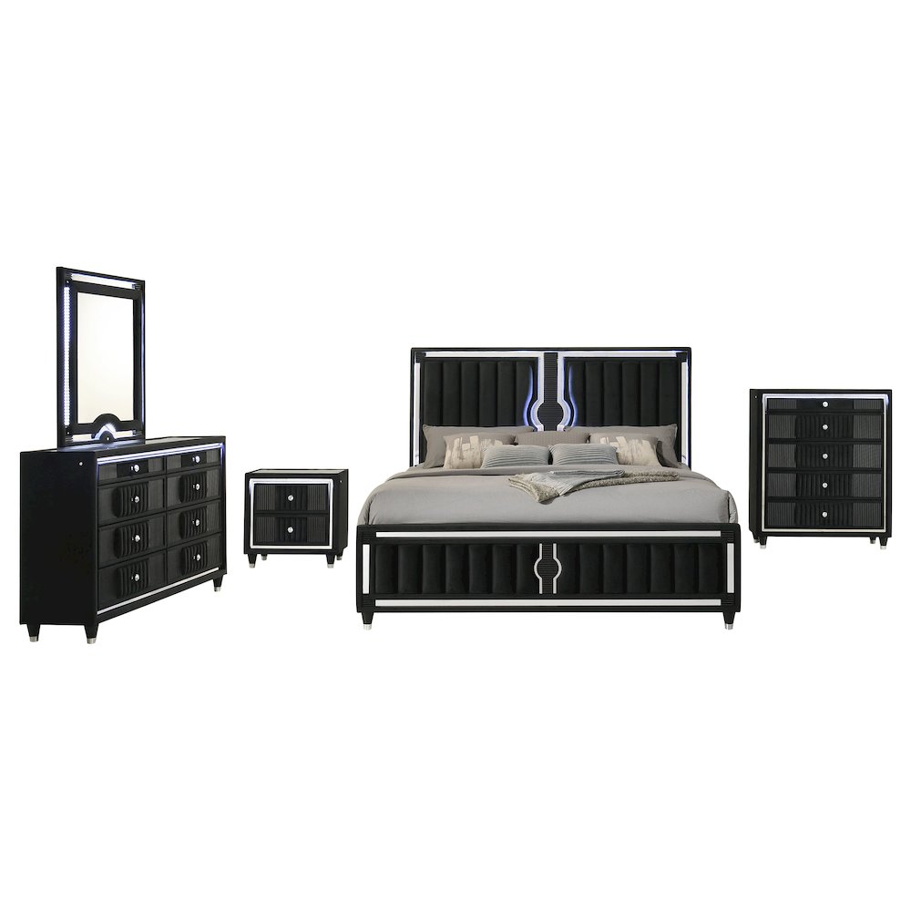 Ravenne 5-piece Velvet Upholstered Queen LED Bedroom Set Black