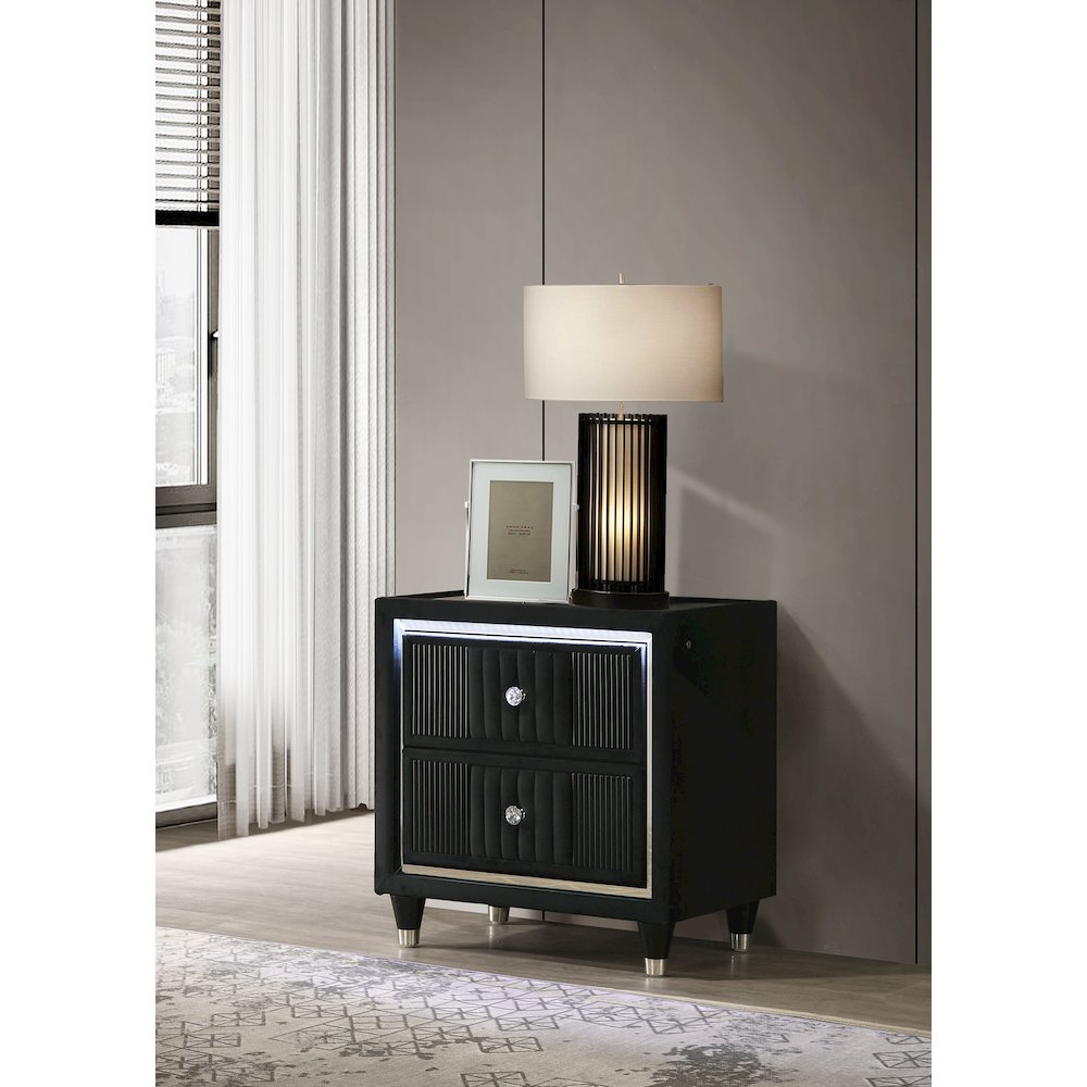 Ravenne 2-drawer Velvet Upholstered LED Nightstand with USB Black