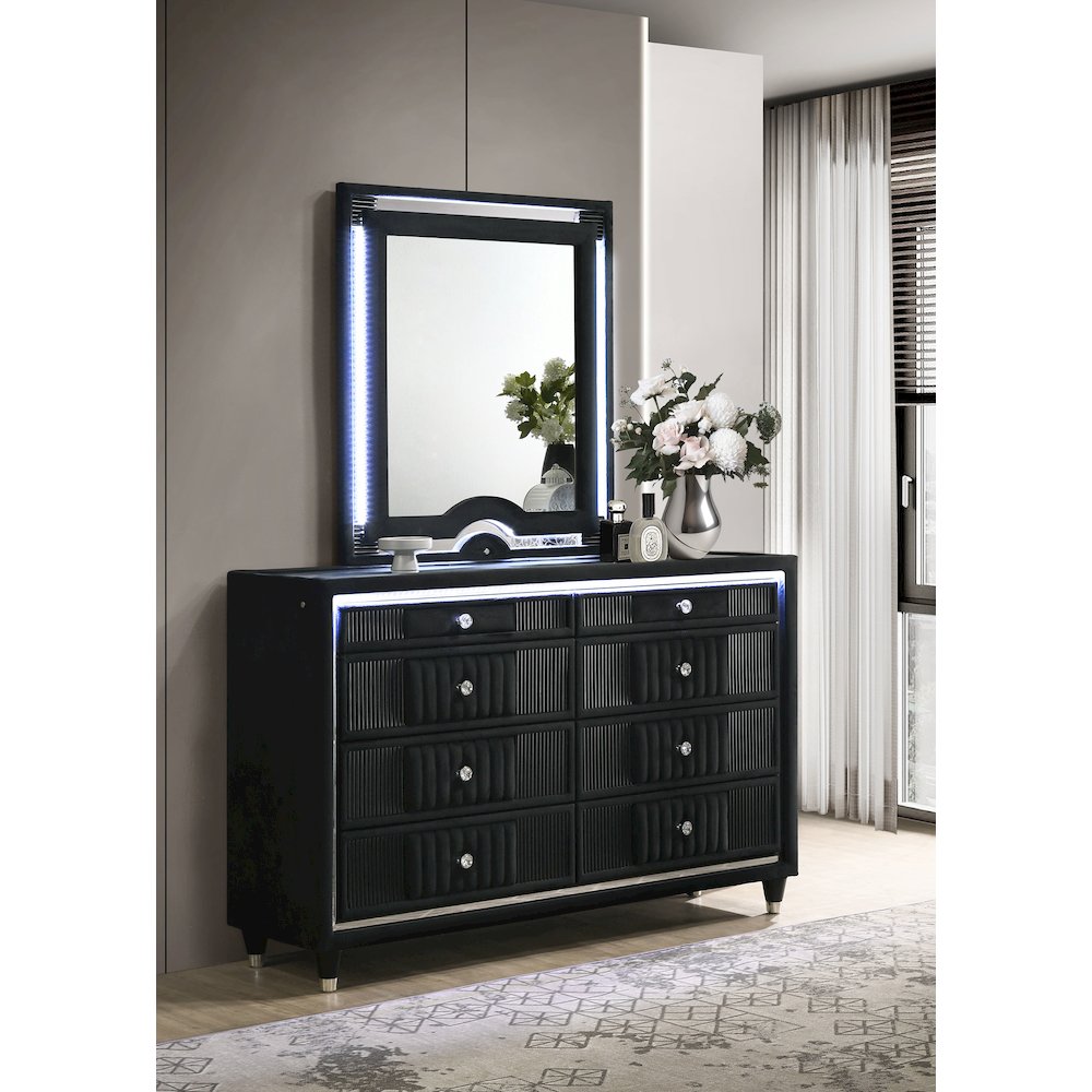 Ravenne 8-drawer Velvet Upholstered LED Dresser and Mirror Black