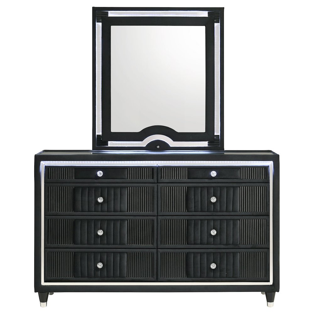Ravenne 8-drawer Velvet Upholstered LED Dresser and Mirror Black