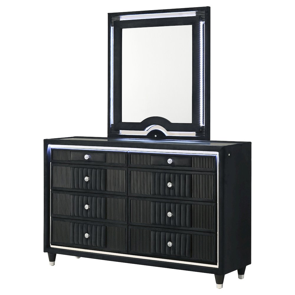 Ravenne 8-drawer Velvet Upholstered LED Dresser and Mirror Black