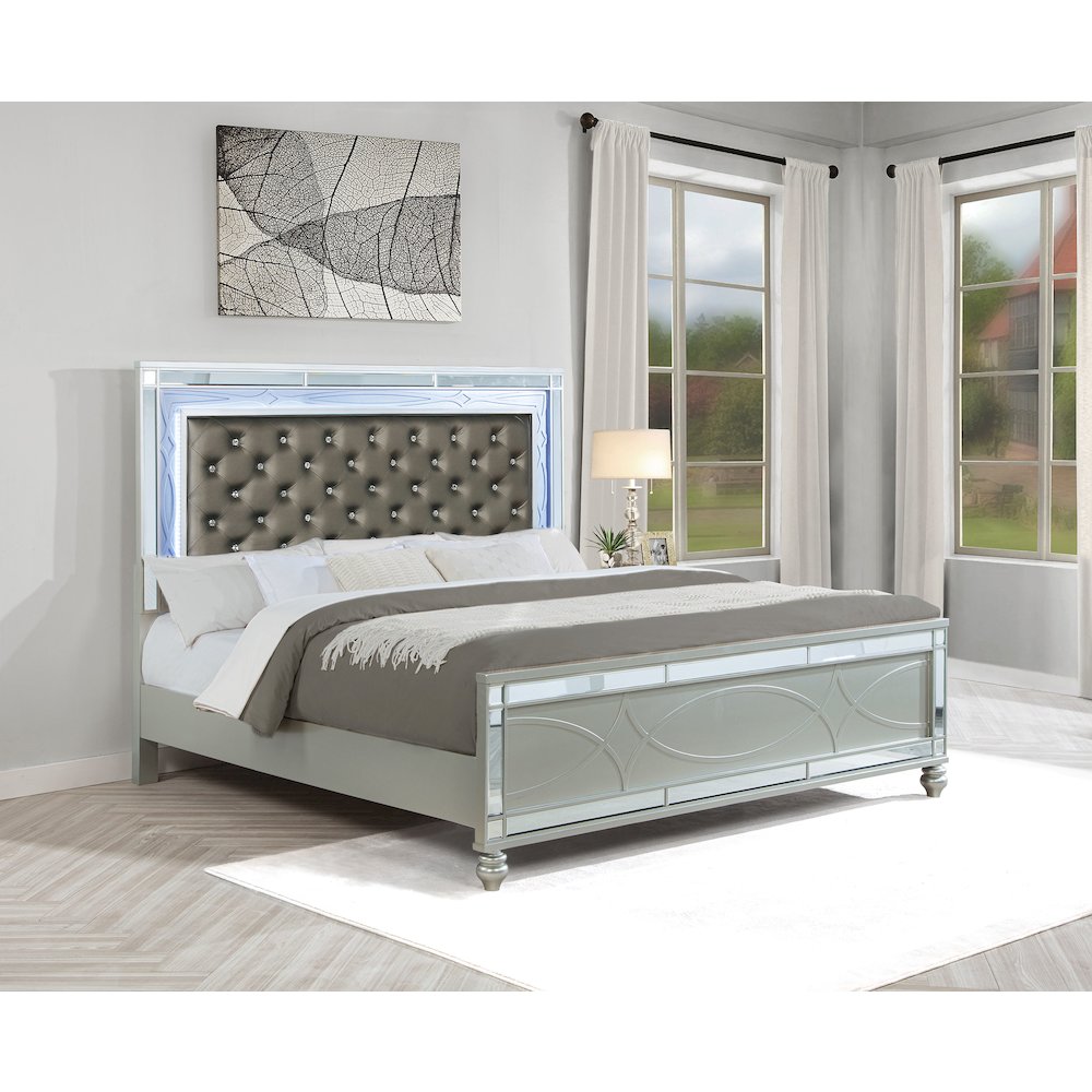 Gunnison Wood Eastern King LED Panel Bed Silver Metallic
