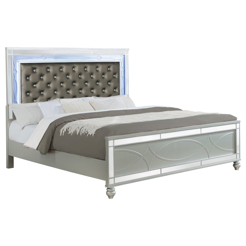 Gunnison Wood Eastern King LED Panel Bed Silver Metallic