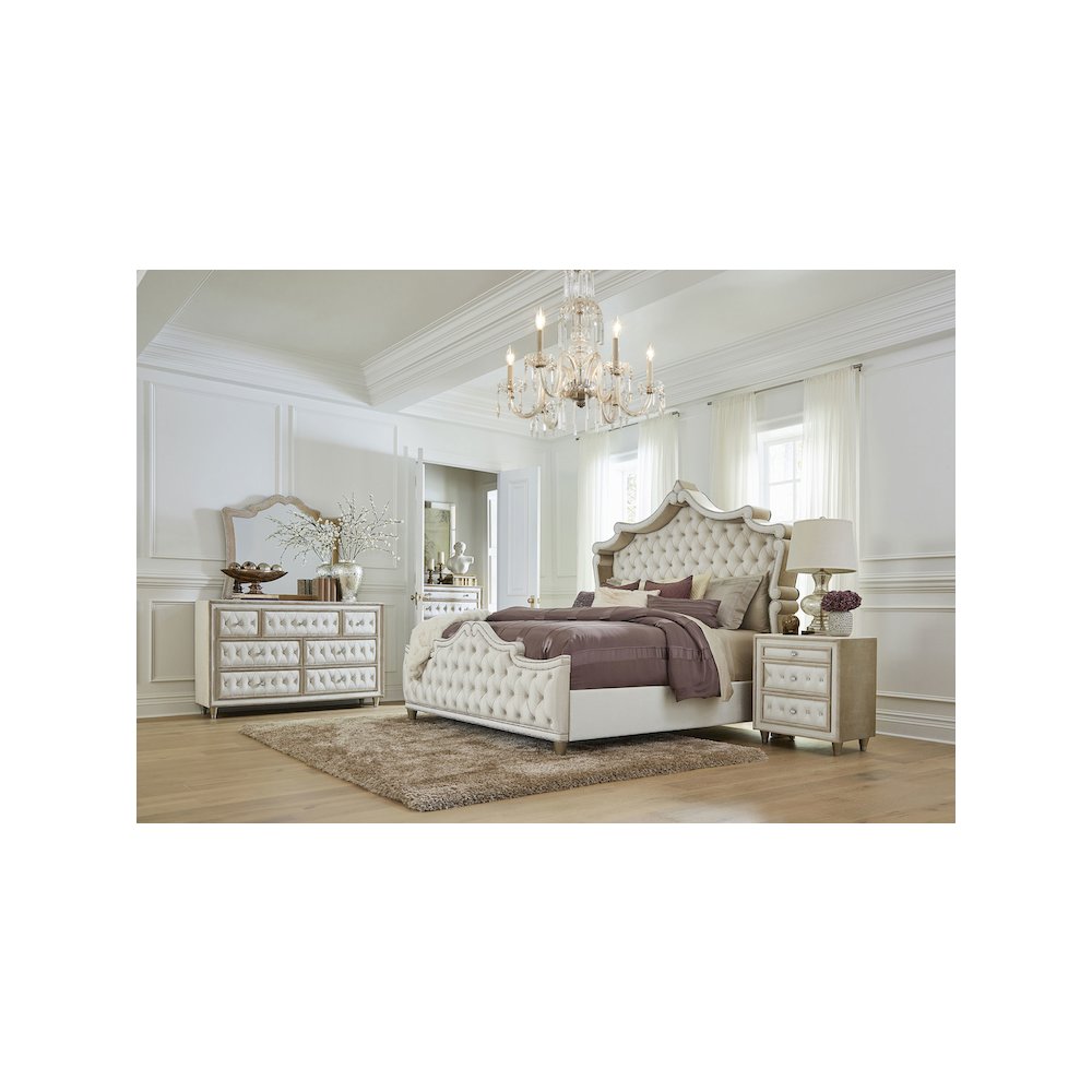 Antonella Upholstered Eastern King Panel Bed Ivory and Camel