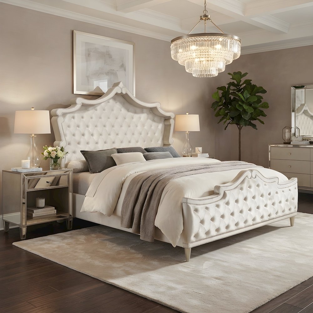 Upholstered Queen Panel Bed Frame and Headboard, Ivory / Camel