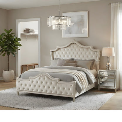 Upholstered Queen Panel Bed Frame and Headboard, Ivory / Camel