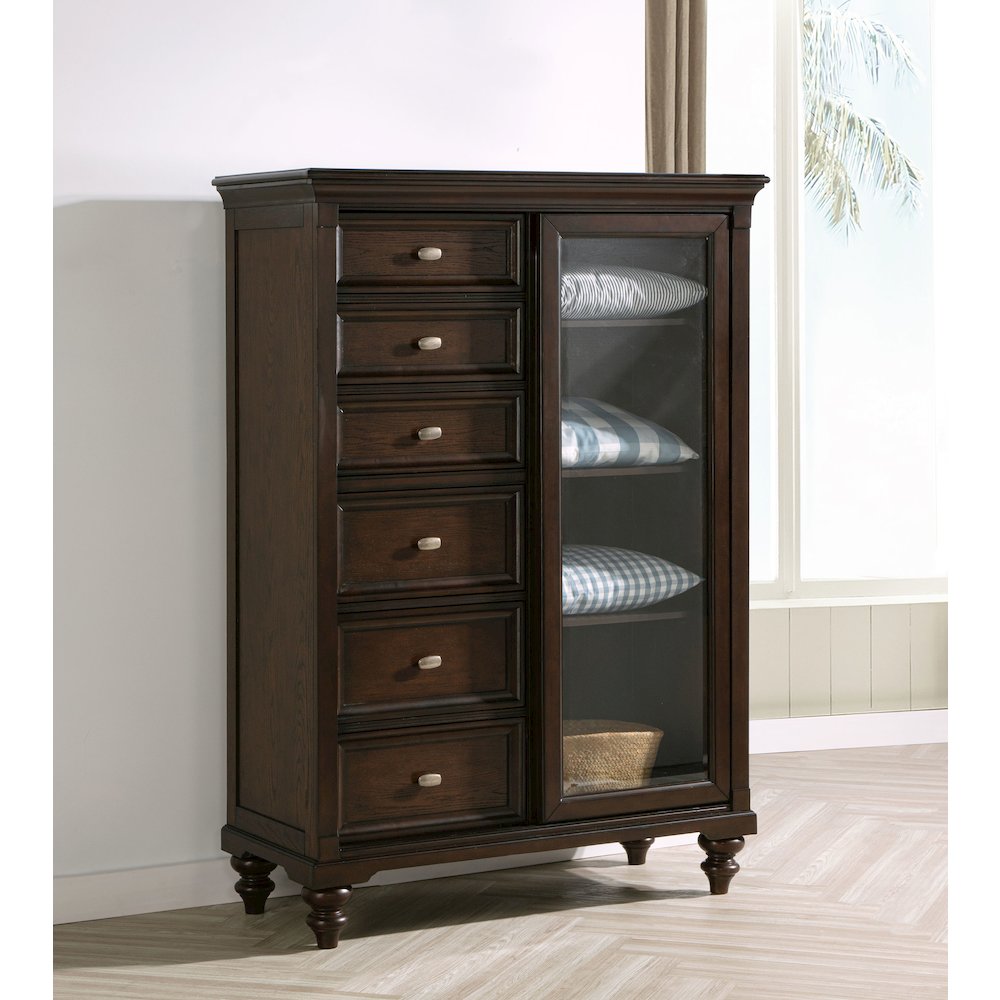 Andover 6-drawer Tempered Glass Door Chest Dark Oak