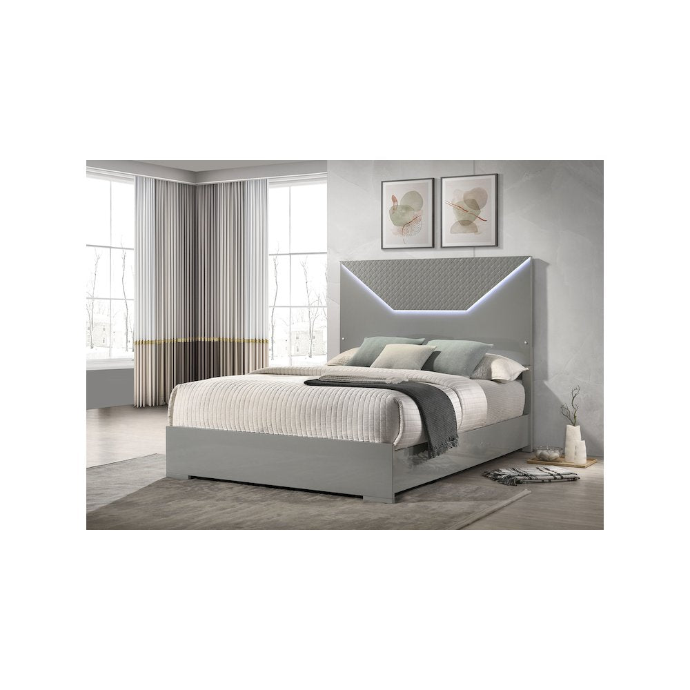 Ives Queen Panel Bed LED Headboard Grey High Gloss