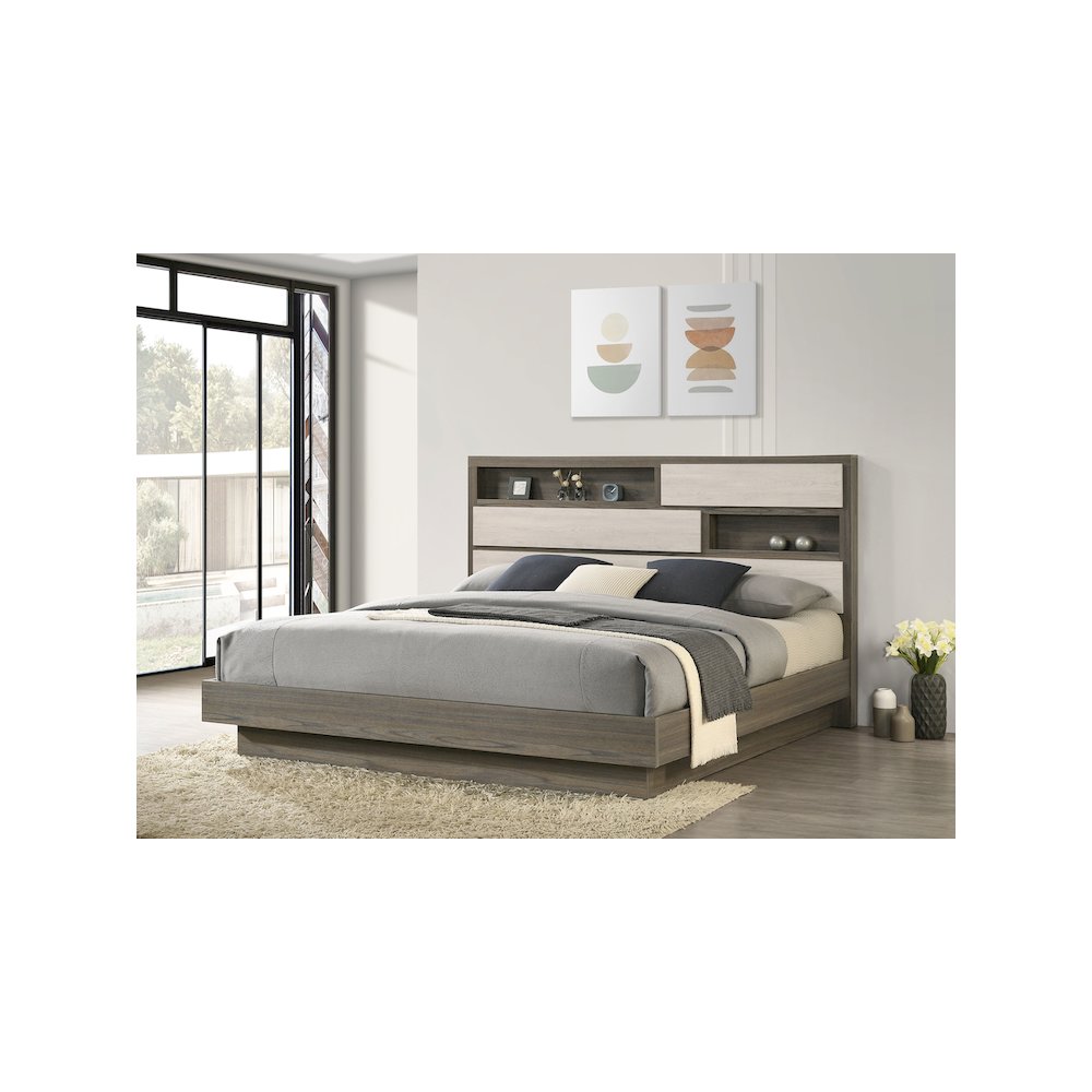 Fenwick Eastern King Bed Bookcase Headboard Grey Oak