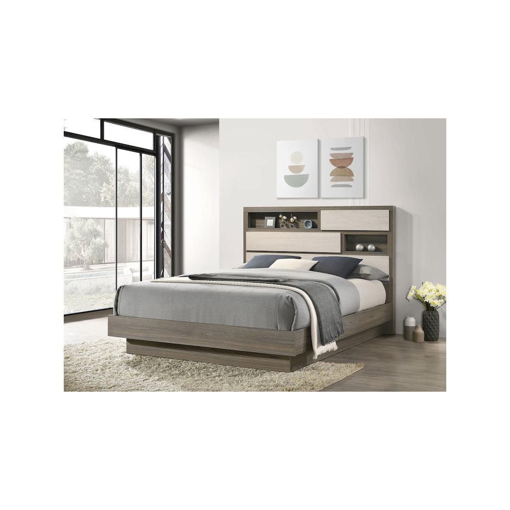 Fenwick Queen Bed Bookcase Headboard Grey Oak