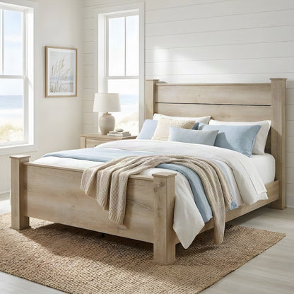 Rustic King Panel Bed with Batten Slats, Wood-Finish, 600 lb, Weathered Oak