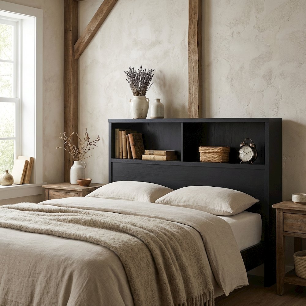 Twin Headboard Black with Bookcase Storage and Plastic Glide Levelers