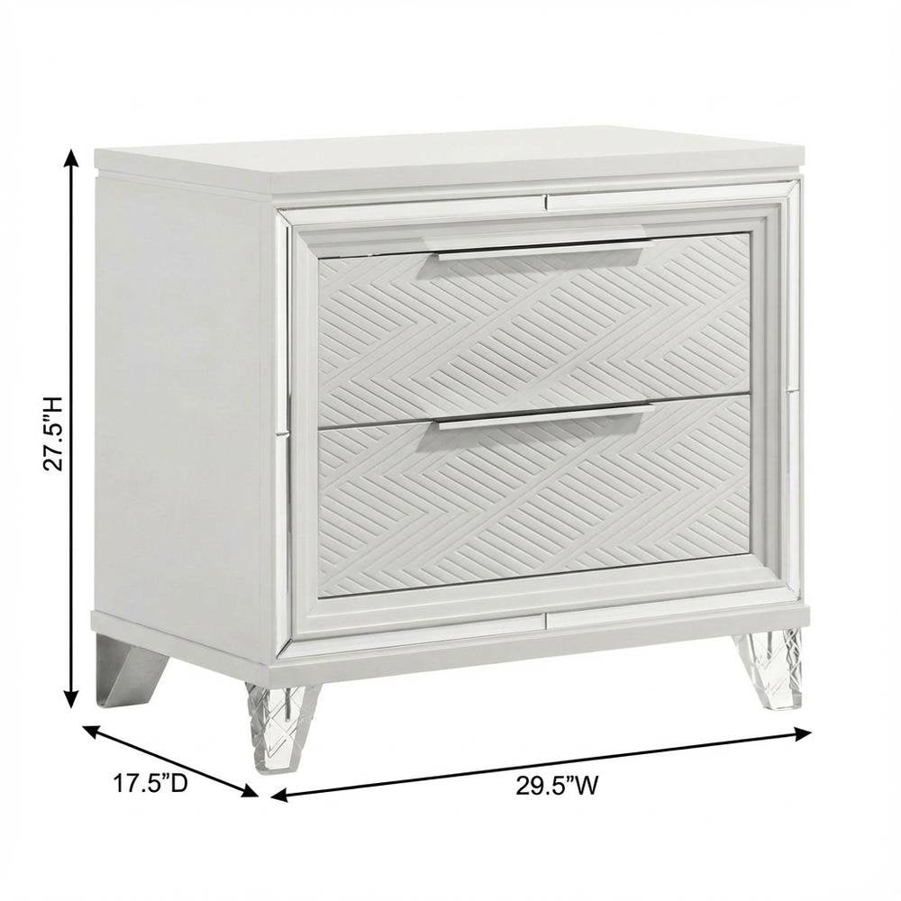 White 2-Drawer Nightstand with Chrome Finish and Clear Acrylic Legs