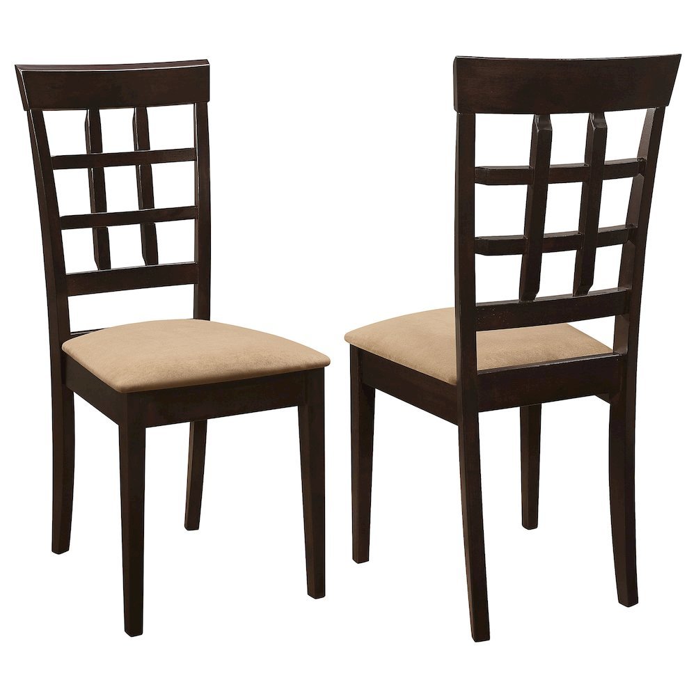 Dining Side Chairs Set of 2, Lattice Back, Cappuccino Finish, Tan Microfiber