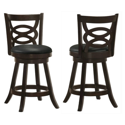 Swivel Counter Stool, Set of 2, Black Leatherette, Dark Merlot Finish