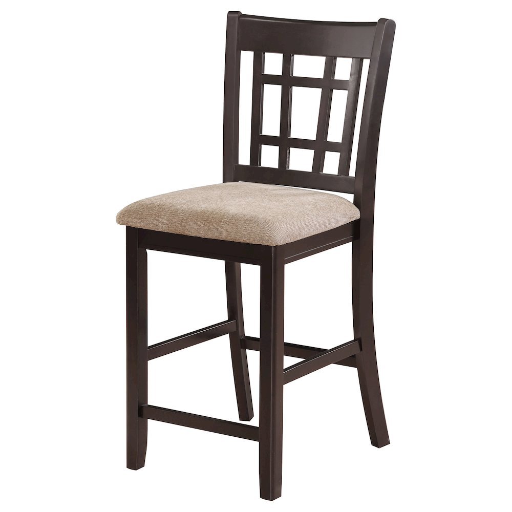 Brown Wood Counter Stool Set of 2 with Lattice Back Design and Upholstered Seats