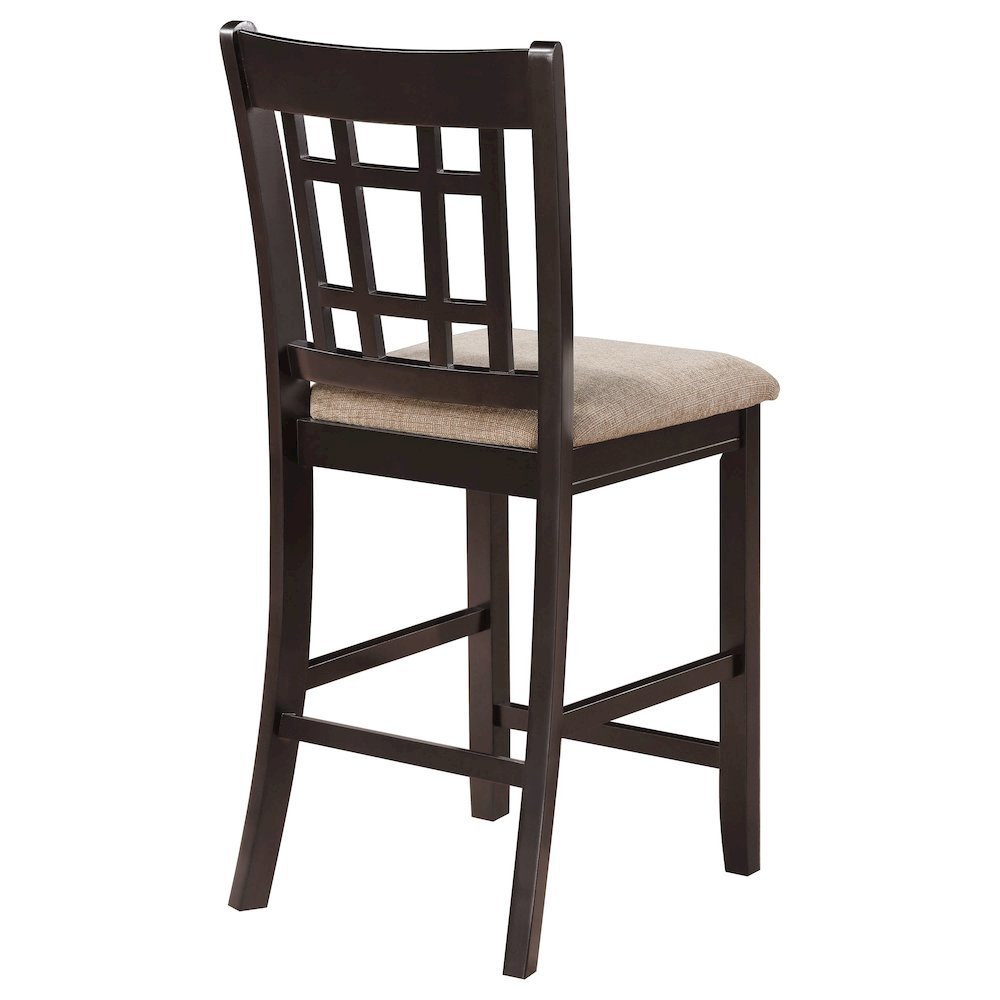 Brown Wood Counter Stool Set of 2 with Lattice Back Design and Upholstered Seats