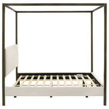 Eastern King Size Canopy Bed Frame with Upholstered Panels in Vanilla Finish