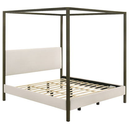 Eastern King Size Canopy Bed Frame with Upholstered Panels in Vanilla Finish