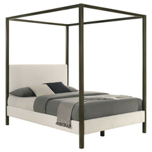 Queen Size Canopy Bed Frame with Upholstered Panels in Vanilla Finish