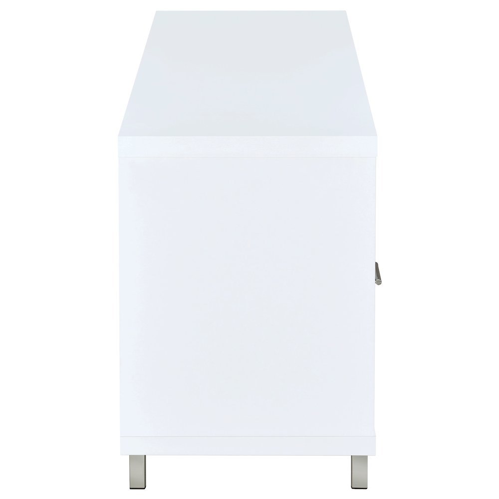 Modern White TV Stand 60 Inch, Engineered Wood, Two Drawers, Chrome Metal Base.