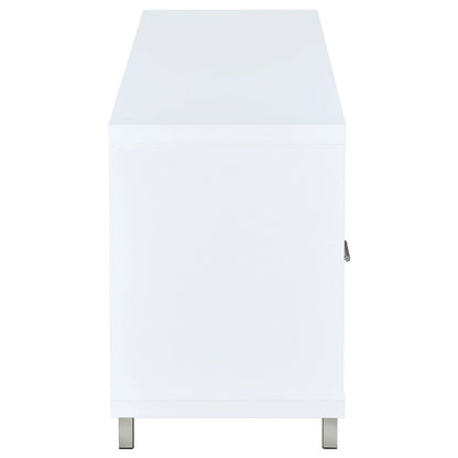 Modern White TV Stand 60 Inch, Engineered Wood, Two Drawers, Chrome Metal Base.