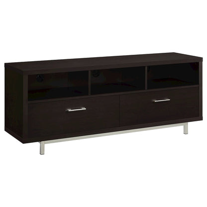 Modern Cappuccino TV Stand 60 Inch, Engineered Wood, 2-Drawer, Chrome Metal Base