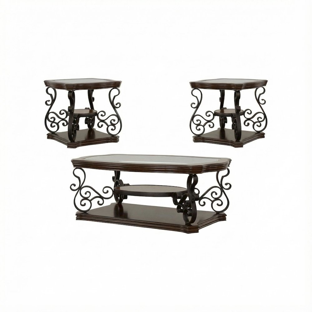 Dark Merlot 3-Piece Glass Top Coffee and End Table Set with Traditional Design