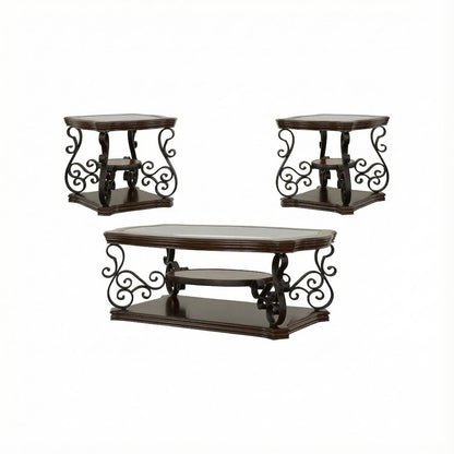 Dark Merlot 3-Piece Glass Top Coffee and End Table Set with Traditional Design