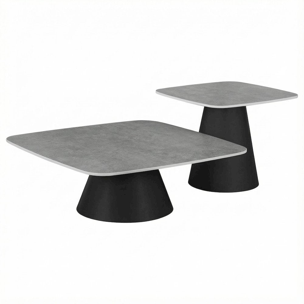 Concrete and Black 2-Piece Cocktail Coffee Table Set with Square Design