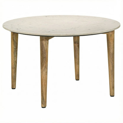 Round White Coffee Table with Marble Top and Warm Wood Finish