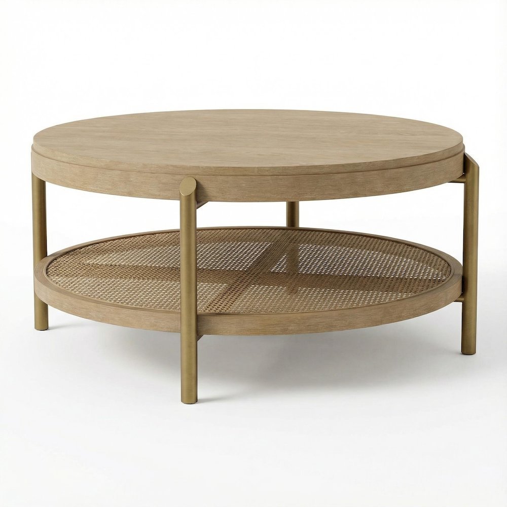 Round Coffee Table Sand Wash with Storage Shelf and Leveler Plastic Glide