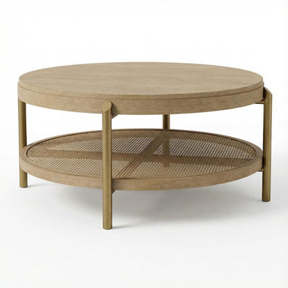Round Coffee Table Sand Wash with Storage Shelf and Leveler Plastic Glide