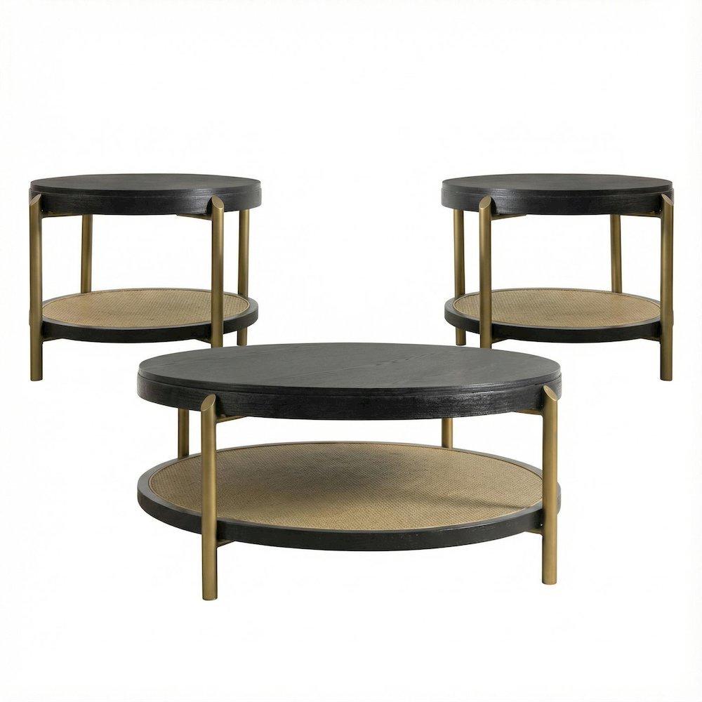 3-Piece Black Round Coffee and End Table Set with Sturdy Frame