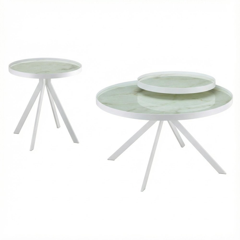 White 2-Piece Round Living Room Table Set with Levelers and Contemporary Design
