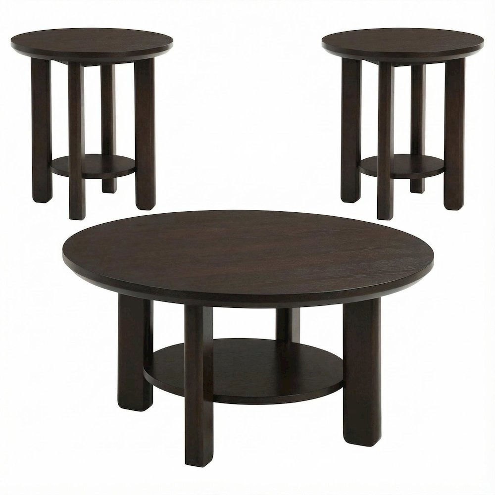 3-Piece Brown Round Wood Coffee Table Set with End Tables and Durable Design