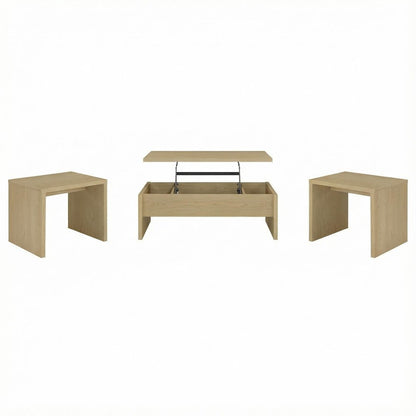 Light Oak 3-Piece Lift Top Coffee Table Set, Rectangular Shape, Plastic Glide