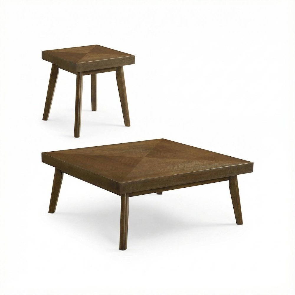 Walnut 2-Piece Square Coffee and End Table Set with Mid-Century Modern Design