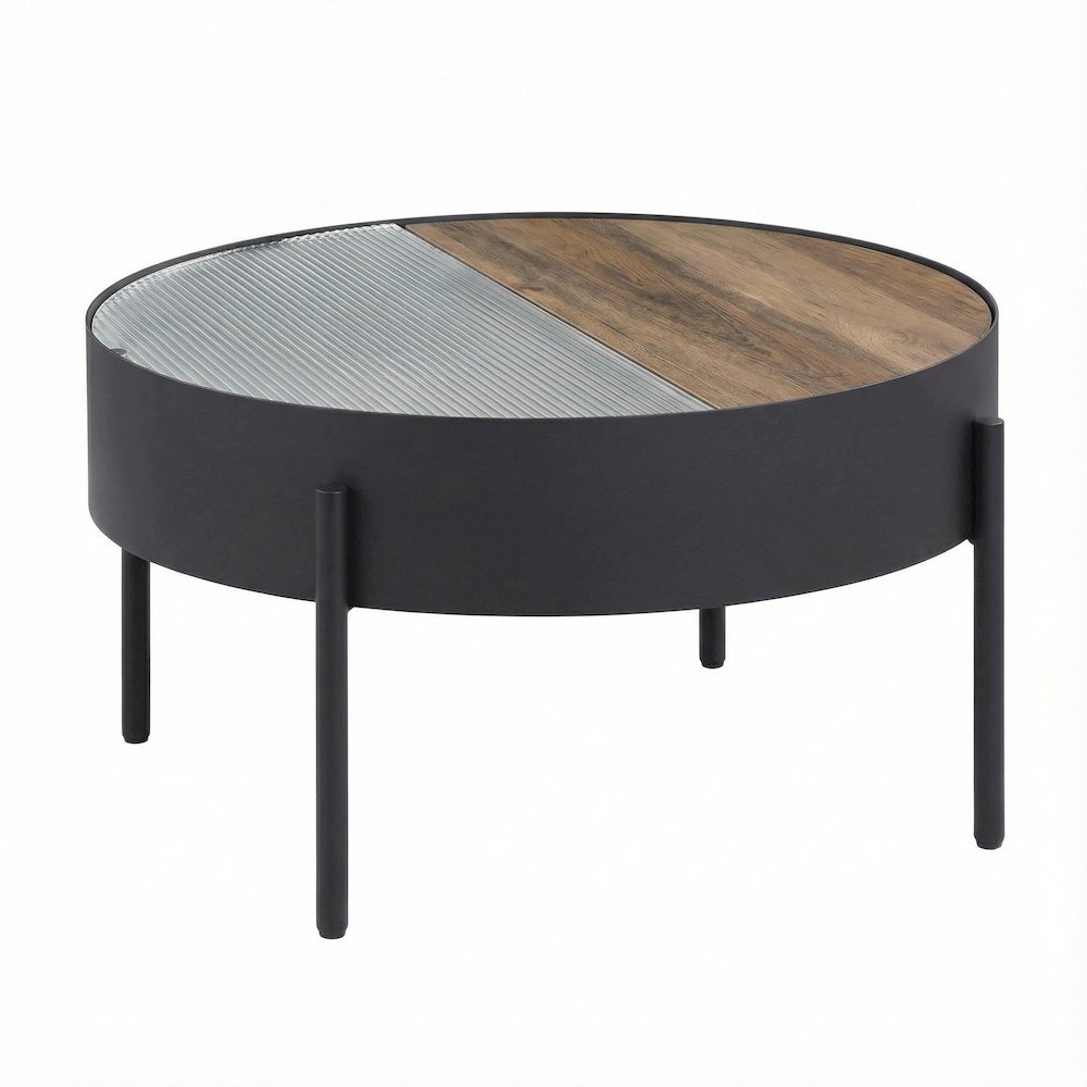 Round Coffee Table Sandy Black with Hidden Storage Rustic Design