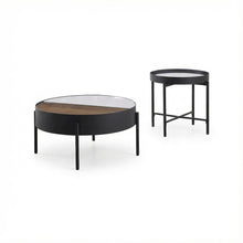 2-Piece Round Coffee and End Table Set Sandy Black Rustic Design