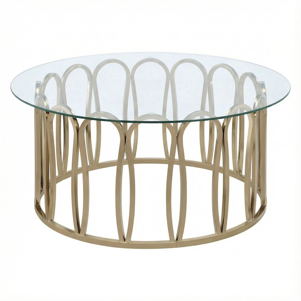 Round Gold Coffee Table with Glass Top and Chrome Base Modern Design