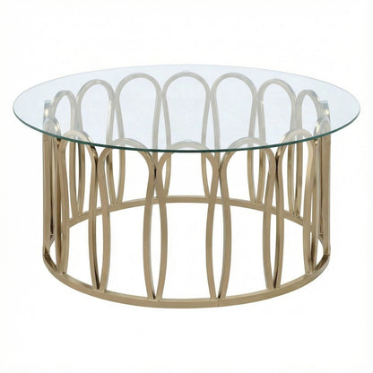 Round Gold Coffee Table with Glass Top and Chrome Base Modern Design