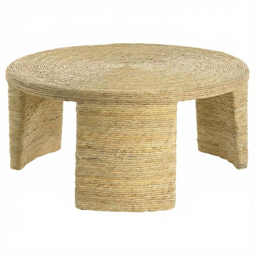 Warm Brown Round Coffee Table with Woven Rattan Surface Coastal Design