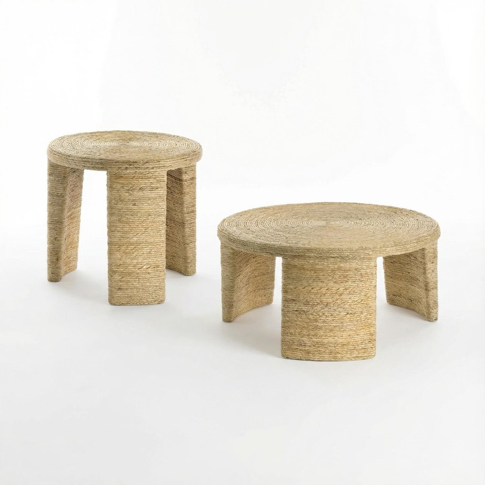 Neutral Rattan 2-Piece Coffee and End Table Set with Round Shape