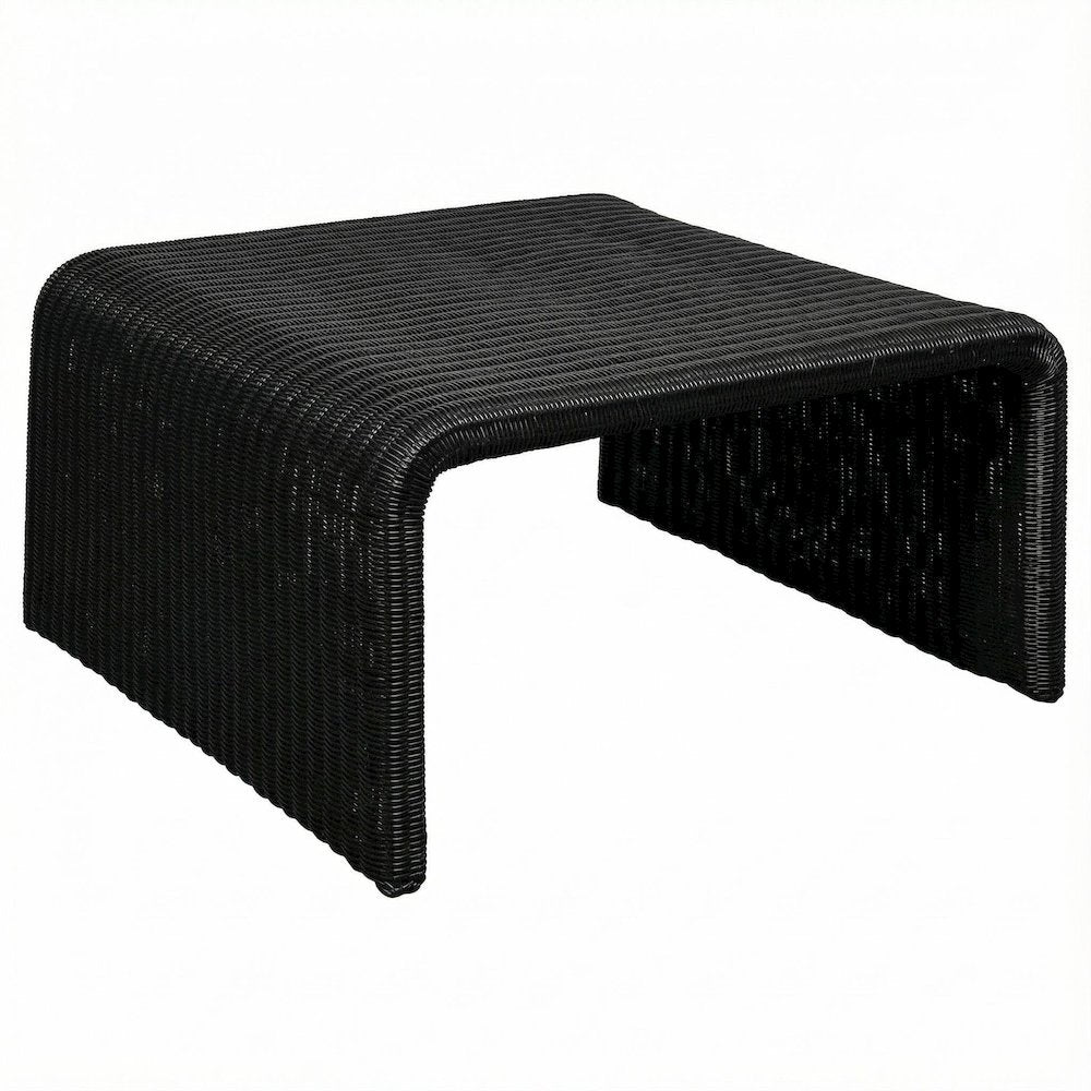Black Square Coffee Table with Woven Rattan Top and Coastal Style Design