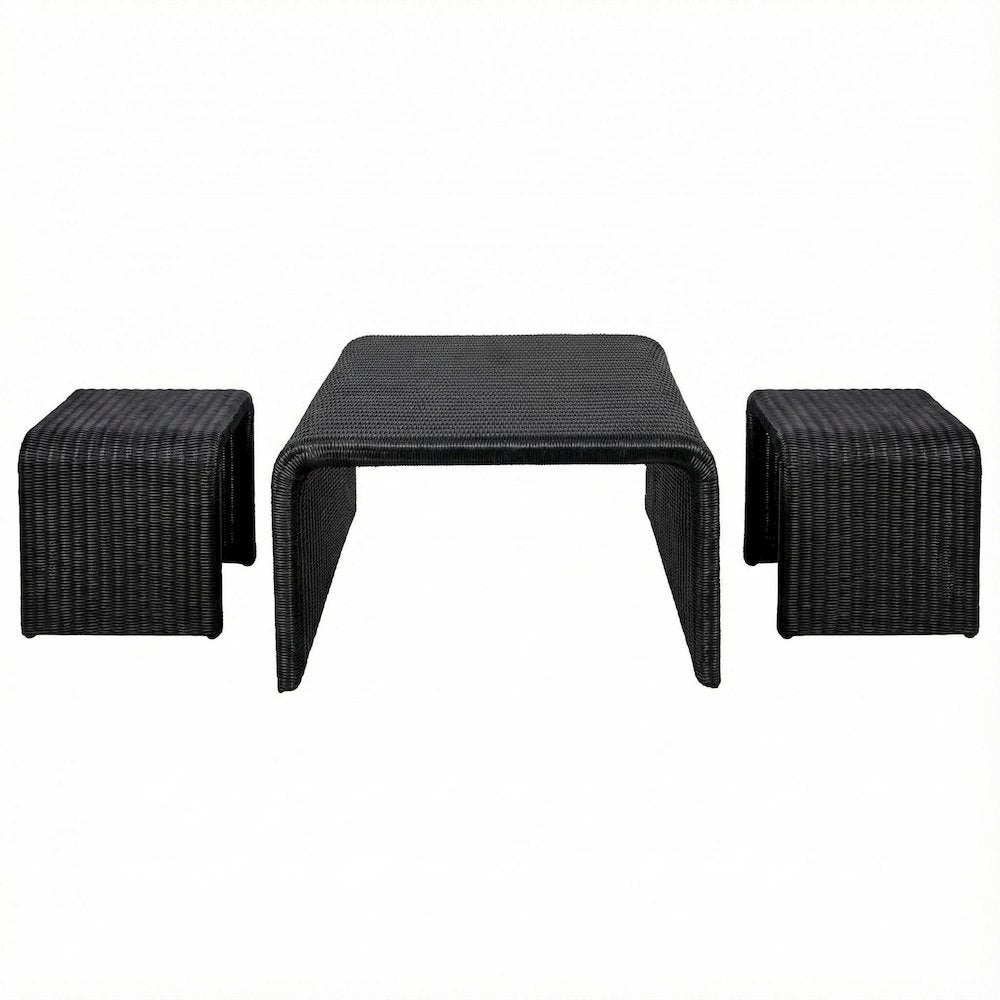 Black 3-Piece Square Coffee, End Table Set with Coastal Style, 200 lb Capacity