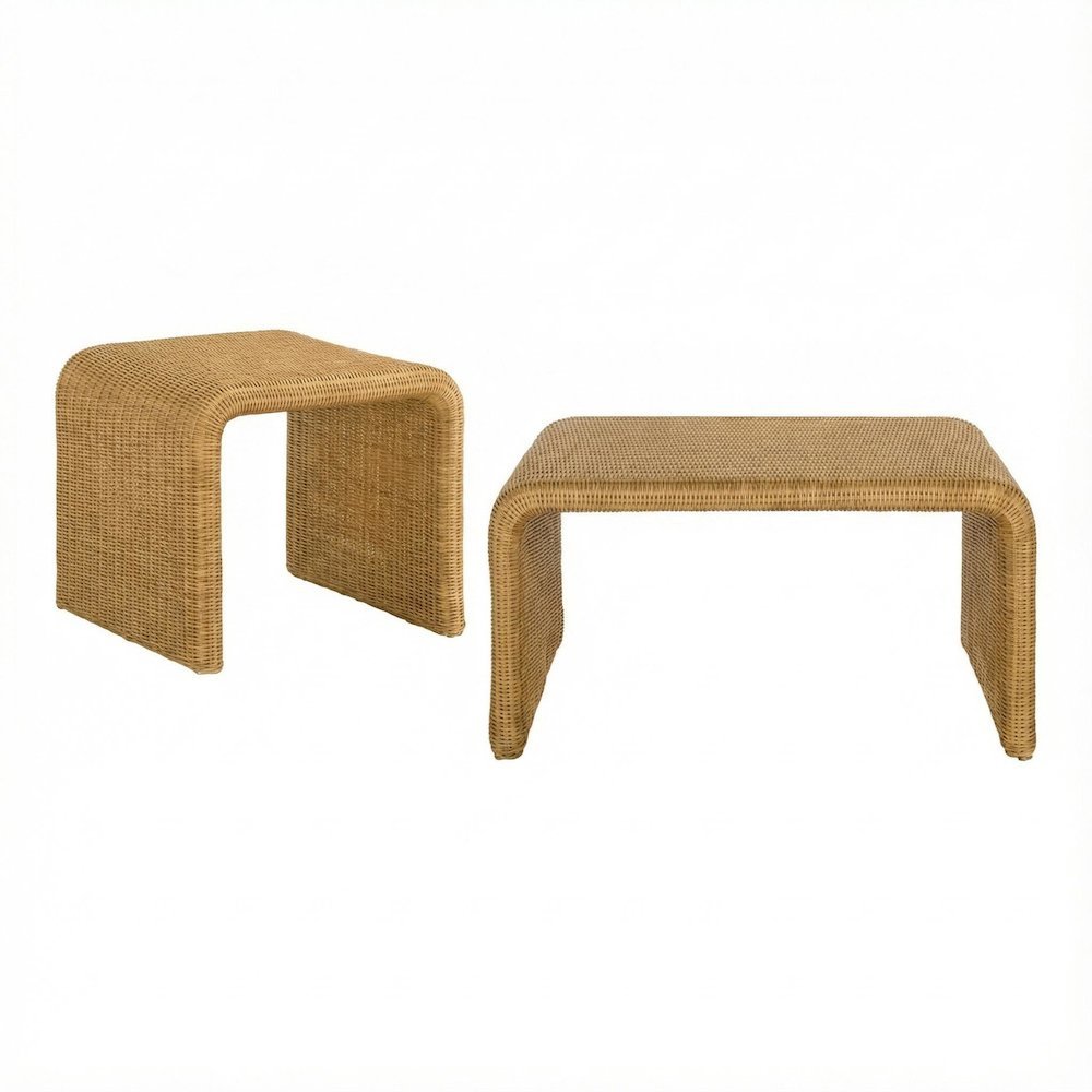 Neutral Rattan 2-Piece Coffee and End Table Set with Coastal Style