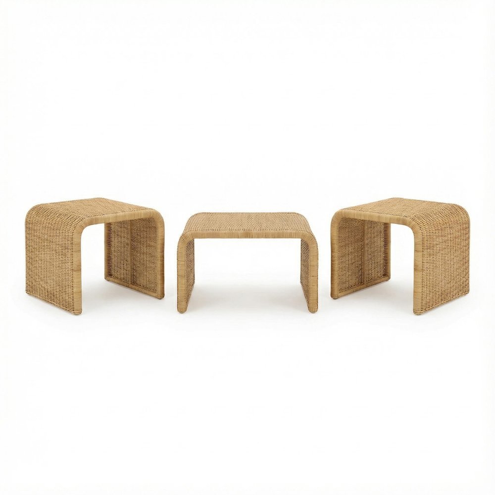 Neutral-Toned Rattan 3-Piece Coffee, End Table Set, Square Tops, Coastal Design