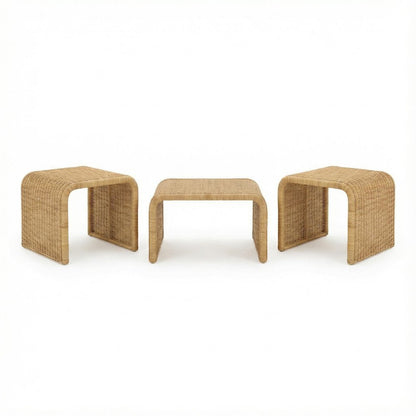 Neutral-Toned Rattan 3-Piece Coffee, End Table Set, Square Tops, Coastal Design