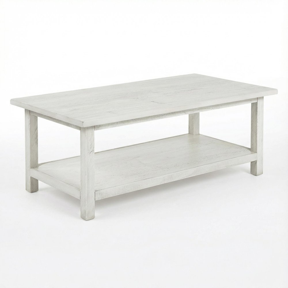 White Farmhouse Wood Coffee Table with Shelf and Rectangular Design
